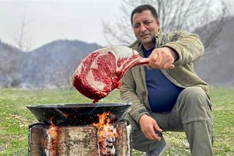 Juicy Steak Cooked on a Finnish Candle! Wild Cuisine in the Mountains of Azerbaijan