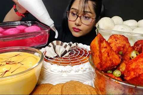 Eating Spicy Sukha Poori, Rasgulla, Rose Rasmalai🌹🌹 Cake | Big Bites | Asmr Eating | Mukbang