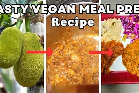Satisfying Vegan Meal Prep: Barbequed Jackfruit, Mung Beans, Cilantro Rice, Red Cabbage Salad