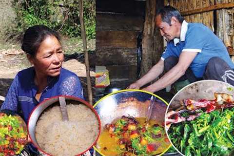 jungle man & wife cooking chayote shoot & Pork curry recipe