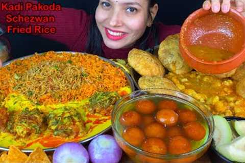 Eating Spicy🔥 Schezwean Fried Rice,Kadi Pakoda, Ghee Aloo Ki Sabji, Pyaj Kachori, Gulab Jamun Asmr